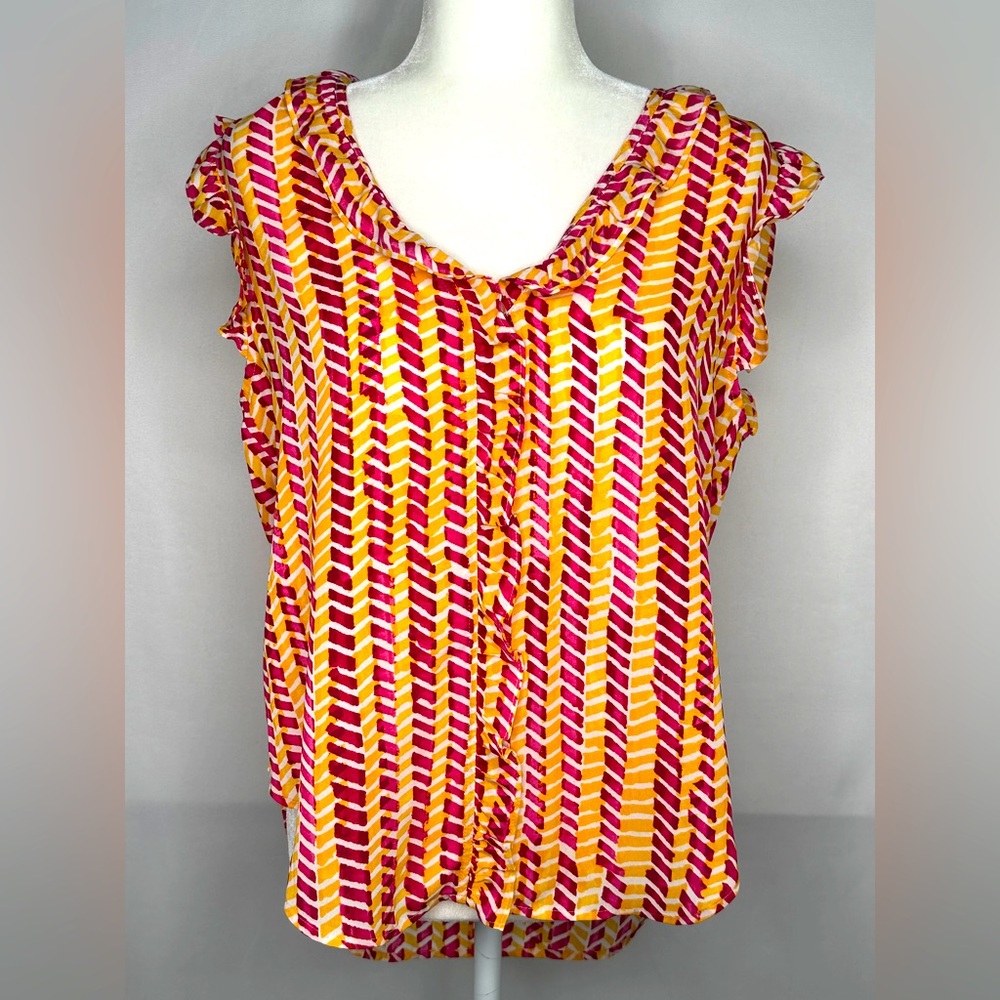DKNY Pink Orange Sleeveless Blouse Ruffle Lightweight Popover Hi-Lo Hem Sz L